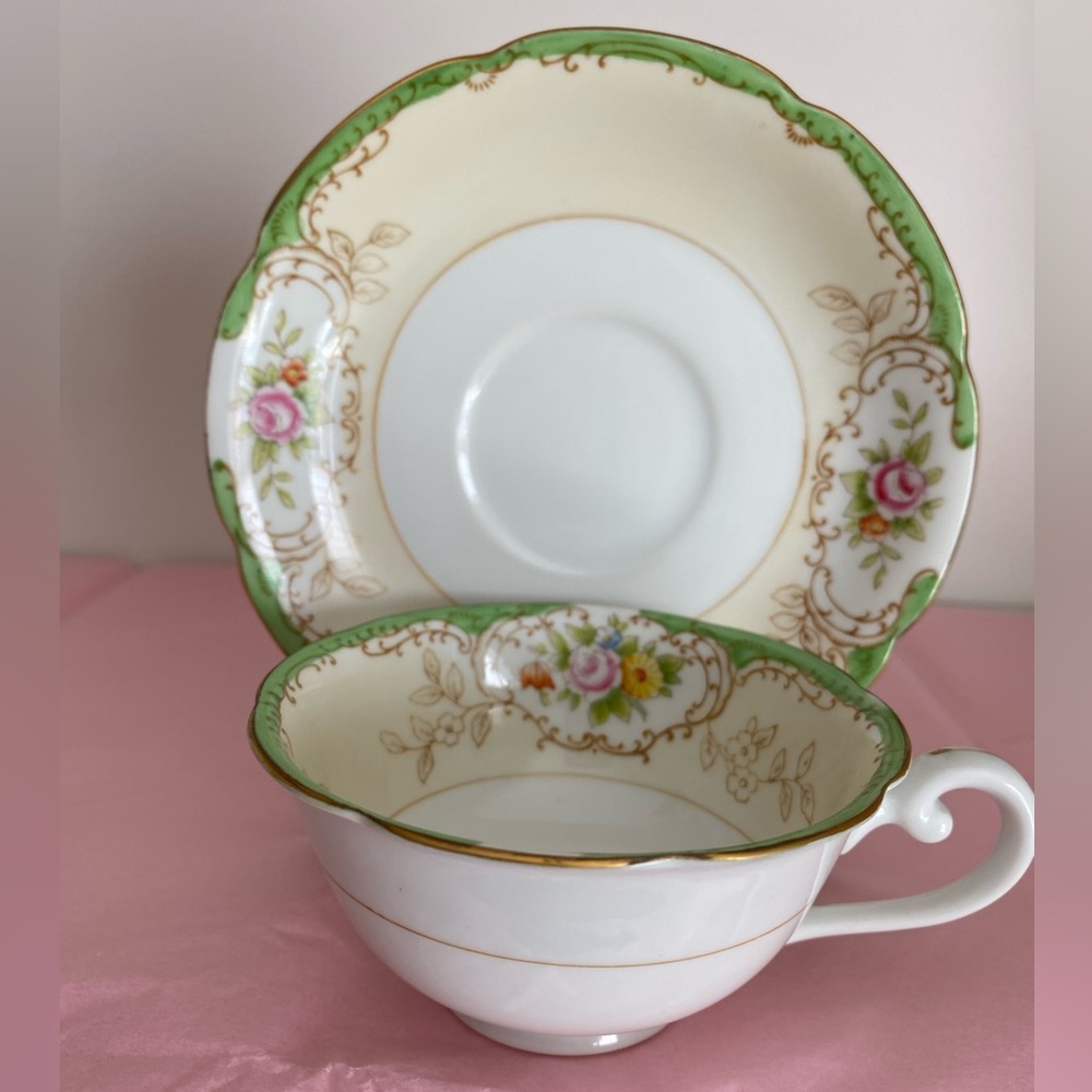 Noritake Japanese Morimura Bone China Tea Set in Cream, roses with Green Scrolls